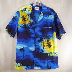 Vintage Helena's Blue Yellow Hawaiian Palm Trees Camp Shirt M Made Hawaii USA